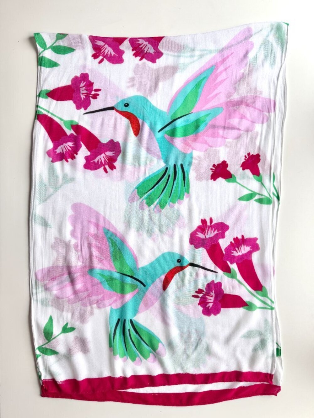 KATE SPADE White Pink Turquoise Floral Hummingbird Printed Viscose Oblong Scarf - Picture 2 of 7